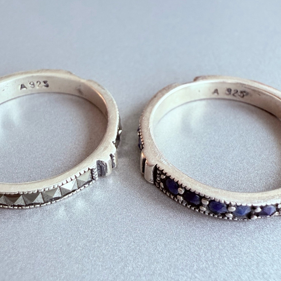 Marcasite & Lapis Reverse Set Gemstone Sterling Silver Two Stacking Band Rings - Picture 3 of 9
